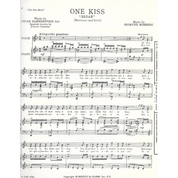 One Kiss Besar 1928 Romberg Hammerstein New Moon Sheet Music - Picture 3 of 3